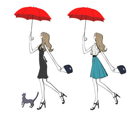 傘を差して歩く女性と猫、二つの洋服ヴァージョン。