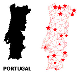 Mesh polygonal and solid map of Portugal. Vector structure is created from map of Portugal with red stars. Abstract lines and stars form map of Portugal. Wire frame 2D polygonal mesh in vector format.