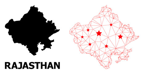 Obraz premium Wire frame polygonal and solid map of Rajasthan State. Vector structure is created from map of Rajasthan State with red stars. Abstract lines and stars are combined into map of Rajasthan State.