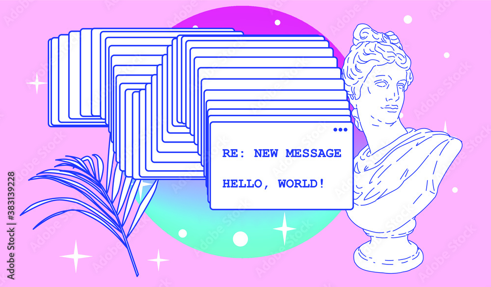 Poster surreal retrofuturistic vector illustration of user interface with roman antique statue in cartoon a