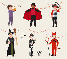 Set of cartoon Kids in Halloween Party Costume