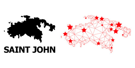 Mesh polygonal and solid map of Saint John Island. Vector model is created from map of Saint John Island with red stars. Abstract lines and stars form map of Saint John Island.