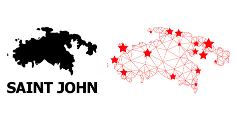 Obraz premium Mesh polygonal and solid map of Saint John Island. Vector model is created from map of Saint John Island with red stars. Abstract lines and stars form map of Saint John Island.