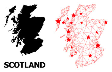 Wire frame polygonal and solid map of Scotland. Vector model is created from map of Scotland with red stars. Abstract lines and stars form map of Scotland.