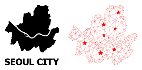 Carcass polygonal and solid map of Seoul Municipality. Vector structure is created from map of Seoul Municipality with red stars. Abstract lines and stars are combined into map of Seoul Municipality.
