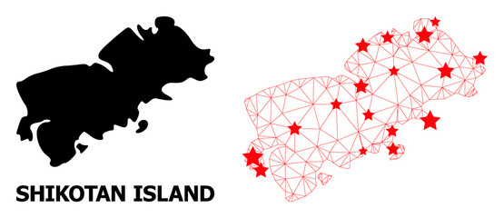 Carcass polygonal and solid map of Shikotan Island. Vector model is created from map of Shikotan Island with red stars. Abstract lines and stars form map of Shikotan Island.