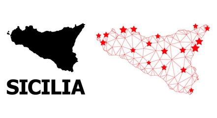 Network polygonal and solid map of Sicilia Island. Vector model is created from map of Sicilia Island with red stars. Abstract lines and stars form map of Sicilia Island.