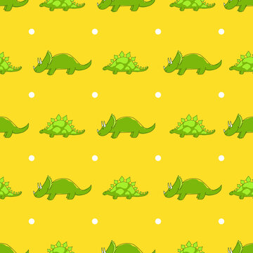 Cute dinosaurs on yellow and white dotted background