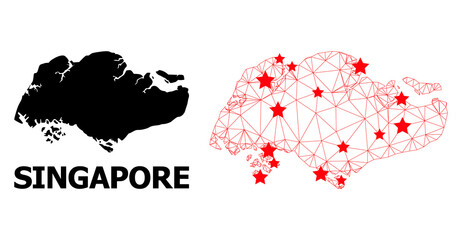 Wire frame polygonal and solid map of Singapore. Vector model is created from map of Singapore with red stars. Abstract lines and stars are combined into map of Singapore.