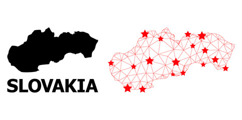 Network polygonal and solid map of Slovakia. Vector model is created from map of Slovakia with red stars. Abstract lines and stars form map of Slovakia.