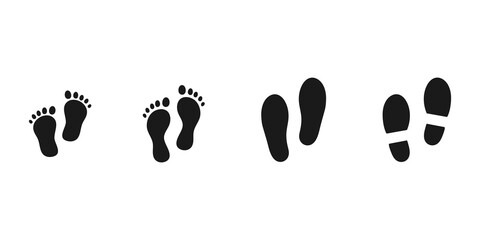 Human footprints, footsteps isolated on white background. Boots trail. Baby and adult person feet.