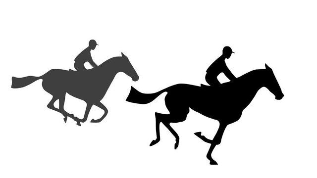 Silhouettes of two jockeys on galloping race horses, animation on the white background