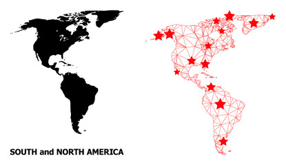 Network polygonal and solid map of South and North America. Vector model is created from map of South and North America with red stars.