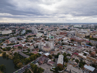 Aerial view of the panorama of the river and the city of Kharkov