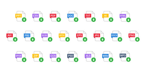 Different file format download icons. 22 download buttons for web site or app.