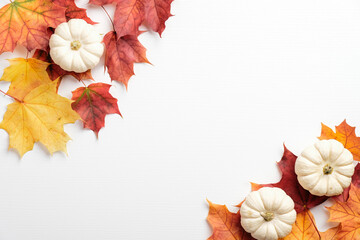 Autumn composition. Frame made of colorful maple leaves and pumpkin on white background. Flat lay, top view. Autumn fall, harvest, thanksgiving concept.