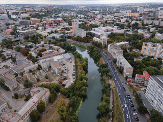 Aerial view of the panorama of the river and the city of Kharkov