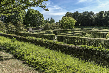 Fototapeta na wymiar Park and gardens beside Chateau de Beauregard (1545) in Loire Valley in France. It is located on territory of commune of Cellettes, a little south of city of Blois.