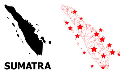 Mesh polygonal and solid map of Sumatra Island. Vector structure is created from map of Sumatra Island with red stars. Abstract lines and stars are combined into map of Sumatra Island.