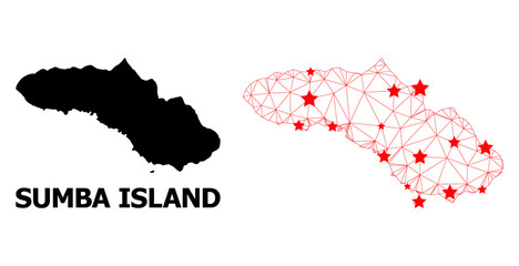Obraz premium Network polygonal and solid map of Sumba Island. Vector structure is created from map of Sumba Island with red stars. Abstract lines and stars form map of Sumba Island.