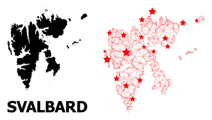 Wire frame polygonal and solid map of Svalbard Islands. Vector model is created from map of Svalbard Islands with red stars. Abstract lines and stars are combined into map of Svalbard Islands.