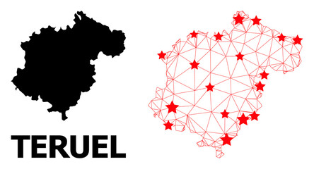 Obraz premium Mesh polygonal and solid map of Teruel Province. Vector structure is created from map of Teruel Province with red stars. Abstract lines and stars are combined into map of Teruel Province.