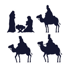 merry christmas and nativity icon set silhouettes design, winter season and decoration theme Vector illustration