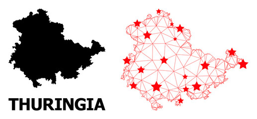 Wire frame polygonal and solid map of Thuringia State. Vector model is created from map of Thuringia State with red stars. Abstract lines and stars form map of Thuringia State.