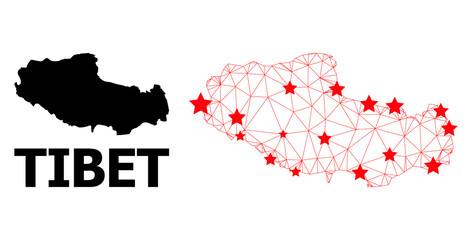 Wire frame polygonal and solid map of Tibet. Vector structure is created from map of Tibet with red stars. Abstract lines and stars are combined into map of Tibet.