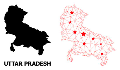 Mesh polygonal and solid map of Uttar Pradesh State. Vector model is created from map of Uttar Pradesh State with red stars. Abstract lines and stars form map of Uttar Pradesh State.