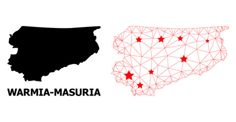 Network polygonal and solid map of Warmia-Masuria Province. Vector structure is created from map of Warmia-Masuria Province with red stars.