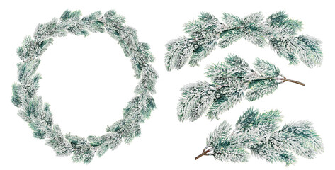 blue Christmas wreath and pine branches in snow isolated on white