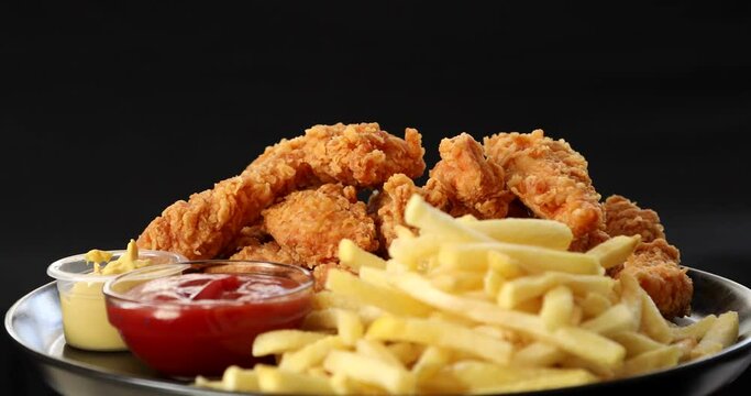 Macro view of Tasty french fries and crispy chicken nuggets with mustard and ketchup at black background