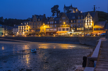 Night view of waterfront in Cancale, Brittany, France