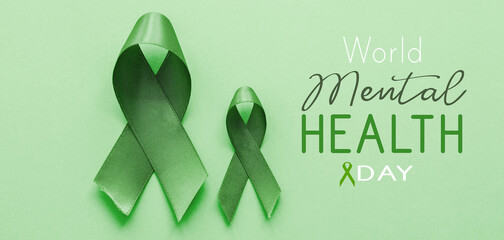 Green Ribbons on green background, , World Mental Health Day