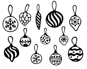 Vector set of hand drawn Christmas ball with different ornaments. Doodle elements isolated on white background