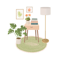 Living room interior vector illustration - table, house plants, rug, floor lamp, books, pictures on the wall