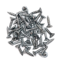 Silver tone fit hinges screws flat head self-tapping phillips fasteners hardware on white background
