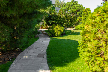 Well-kept courtyard with trees, green lawn and stone path