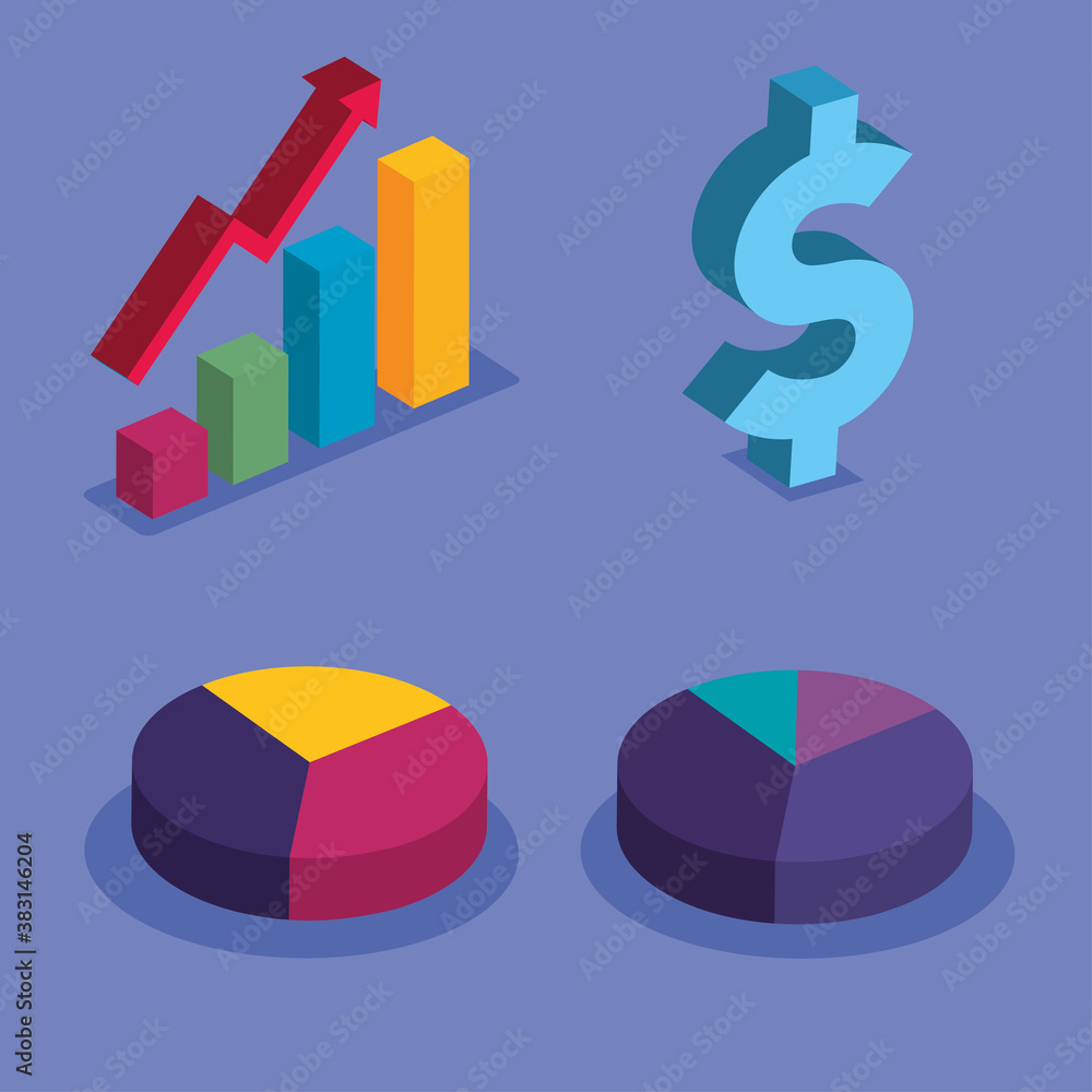 Poster bars chart with increase arrow money and cake charts design, data analysis and information theme vec