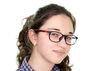 Obraz premium young girl in a shirt on a white background, difficult choice of profession