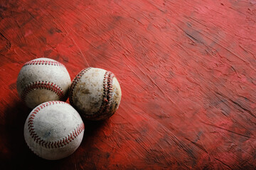 Old group of baseballs on red grunge background with copy space.