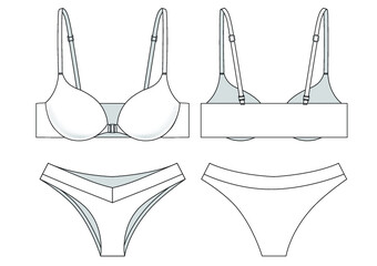 Underwear set technical illustration. Editable bra and cheeky panty flat sketch
