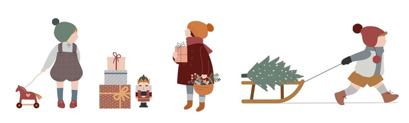 Vintage style cute Scandinavian winter kids. Children and babies wearing fashion bohemian clothes. Retro style vector illustrations. Fashion concept