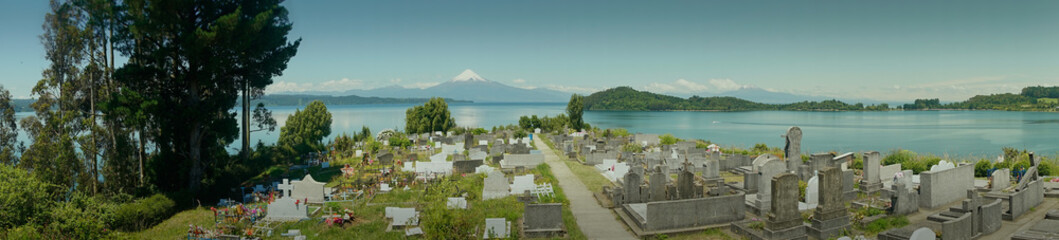 Cementery at Llanguihue lake and Osorno Volcano, Puerto Varas, Chile, South America.