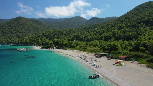 Aerial drone photo of paradise turquoise sandy beach of Milia covered in pine trees, Skopelos island, Sporades, Greece