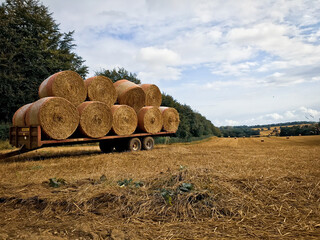 York, Northern Yorkshire - September 5 2020: A field with straw bales after harvest with clouds in...