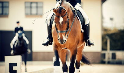 Equestrian sport. Dressage of horses in the arena.