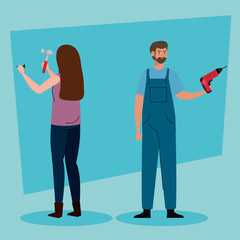 woman and man with construction drill and hammer design of remodeling working and repairing theme Vector illustration