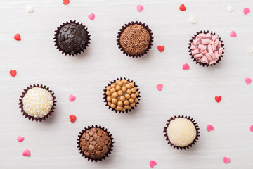 Typical brazilian brigadeiros, various flavors with tiny hearts